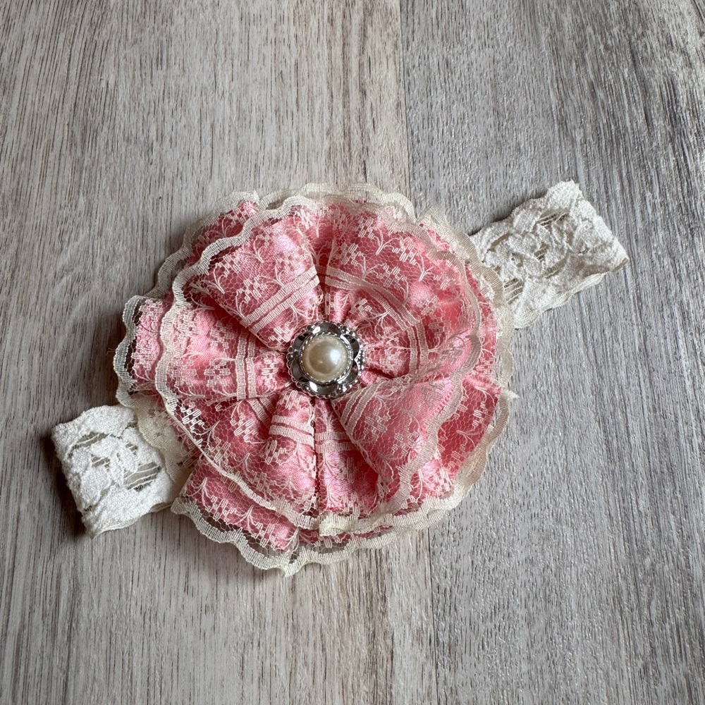 Elegant Pink and Cream Lace Flower Headband